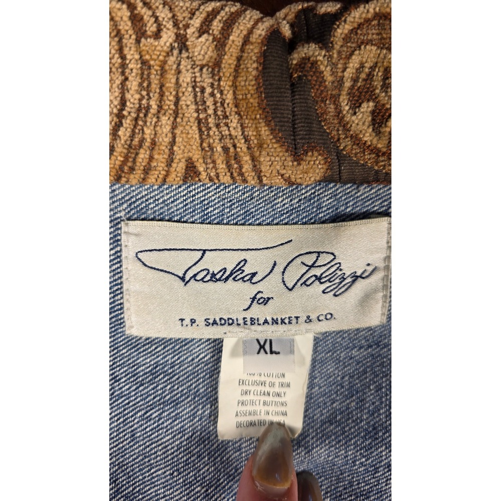 Tasha Polizzi TP Saddleblanket Denim Jacket Tapestry Trim Concho Buttons XL - Picture 3 of 8